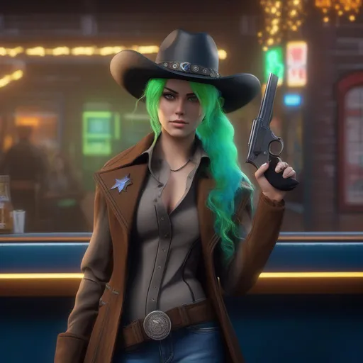 Prompt: She has a long, distinctive neon-green that fades to neon-blue hair in a ponytail, heterochromia eyes, wearing a long brown coat, grey vest, denim pants, black cowboy boots, holding a pistol, wearing a brown sheriff's cowboy hat, 8k, UHD, heavily detailed
