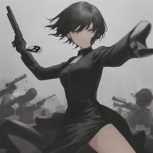 girl in black dress with short hairs with a gun in h... | OpenArt