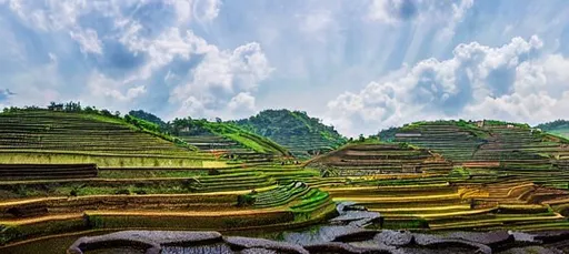 Prompt: Beautiful terraced rice field in water season in Vietnam green color light
