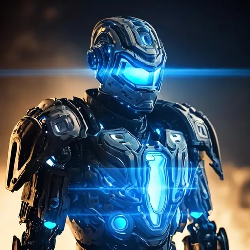 Prompt: a man in dark robotic armor with blue glowing eyes and a core on his chest