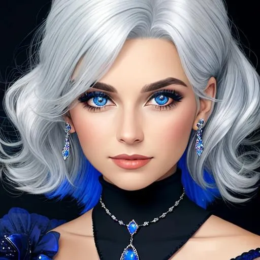 Prompt: A woman with silver hair, wearing sapphire jewelry 