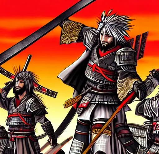 Prompt: Anime war scene graphic High detail Samurai warrior crusaders with Jesus Christ as depicted in the book of  revaltion coming out of heaven one side is the gathering of The chosen to ride victory against the enemy Satan and his fallen cyberpunk ninjas on the opposite side 