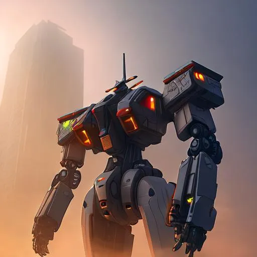 Prompt: future dystopian mega construction, mech, sunset, light fog, sun ray, drones