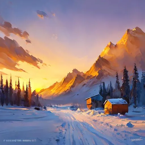 Prompt: A simmer alaska landscape at sunset in the style of peder mork monsted