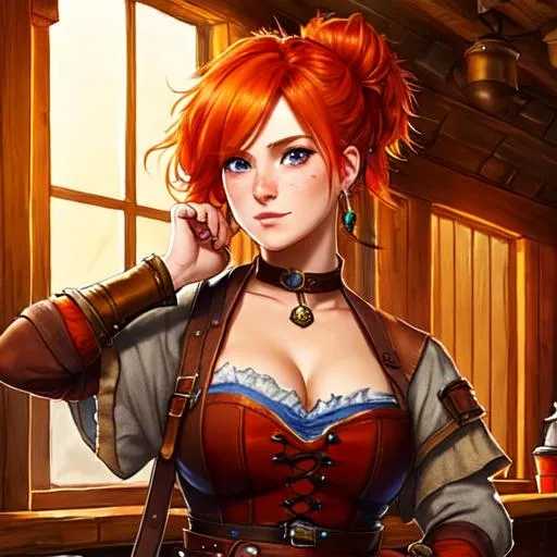 Prompt: fantasy, freckles,  Red orange haired messy bun, Tavern, brawl Fighter, female,  simple middle ages blouse, Brown Baggy leather pants, determined expression 