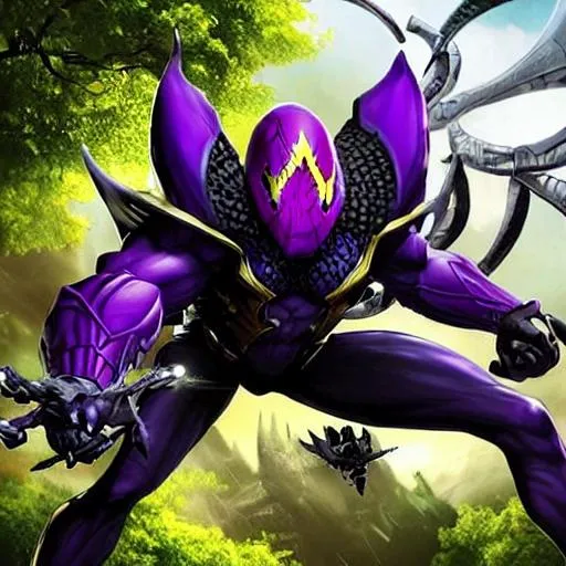 Prompt: a hyper realistic spider human with the body of a spider the body is huge and the top on him is a human body with short black hair and Purple spider markings on his torso and is on a huge web and huge spider legs (villain) warhammer style with two big skull plazma guns that are green and purple and yellow eyes  on his chest and Two purple eyes male body of a spider warhammer style