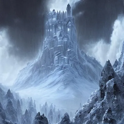 Prompt: a dark, icy citadel perched on a cliff within a frozen hell. The style is realistic oil painting.
