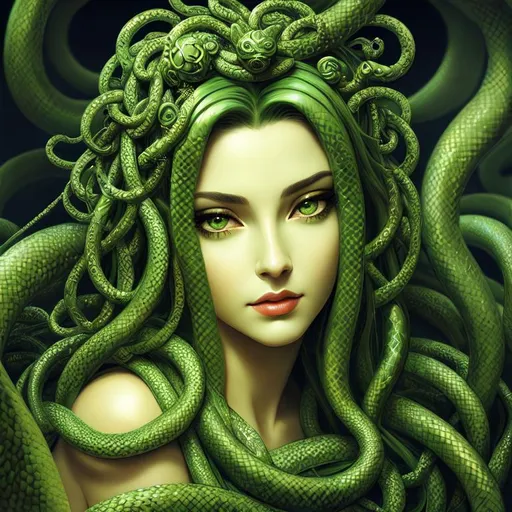Prompt: Please produce oil painted portrait of medusa, intricate, elegant, highly detailed, digital painting, art station, concept art, smooth, sharp focus, illustration, green skin, snakes, Long shot, in the style of Tim Burton