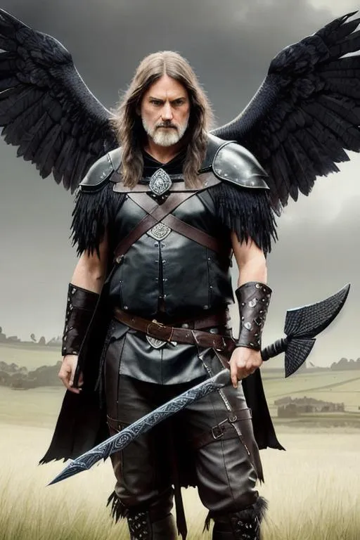 Prompt: middle age man, holding black spear, spear with raven carving, field of dead bodies, ravens, bloody, torn clothing, exhausted, full body view, Hyper-realistic, perfect, intricate, symmetrical, wide eyes, soft-lighting, detailed-face, high details, UHD, real hands, proper hands, real fingers, proper fingers, no deformed parts