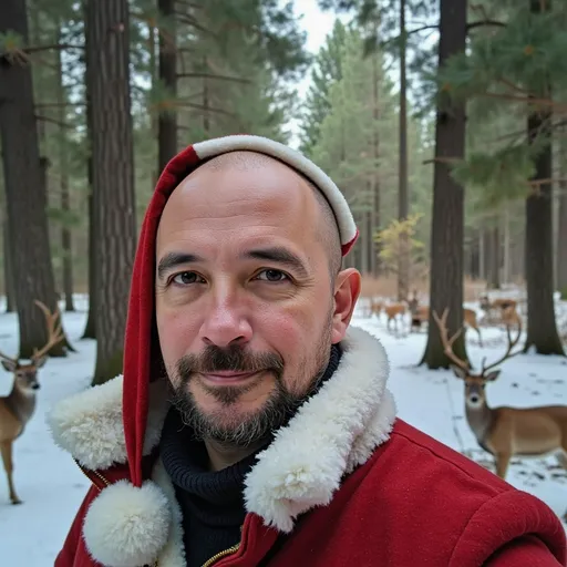 Prompt: Close up portrait of a bald man dressed as Santa Claus ((he doesn't have the hat in the head)) in the middle of the forest with snow and deers