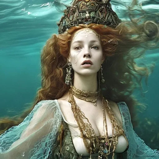 Prompt: woman in 16th century dress underwater lounging.  hair, elaborate hair, fabric, lace, bubbles. French hood, jewels, queen.