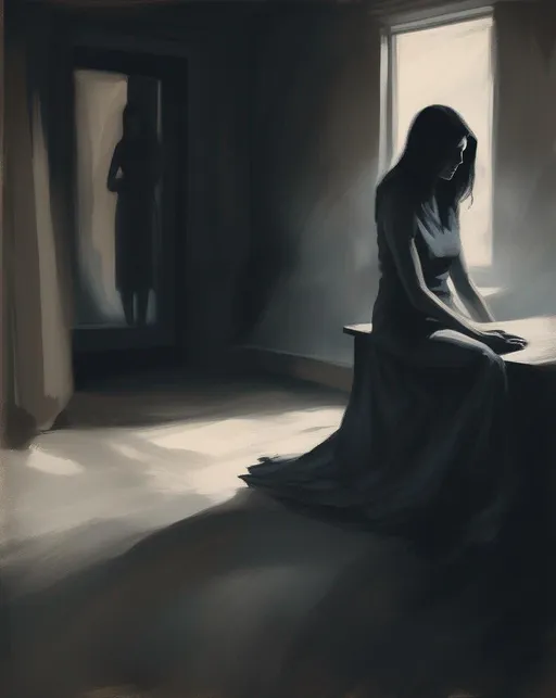 Prompt: A conceptual illustration depicting anxiety as a ghostly figure looming over a worried young woman alone in a dimly lit room. Heavy shadows and desaturated cool tones create an uneasy atmosphere. The woman's body language conveys tension and unease. Rendered in a moody, expressive painting style. Impasto pallette knife oil painting 