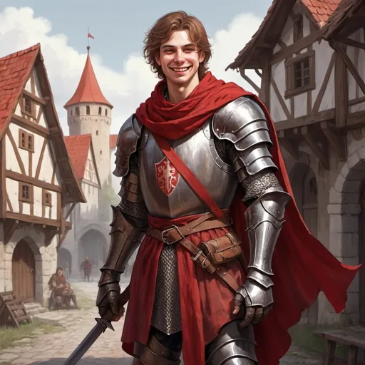 Prompt: Full body, Fantasy illustration of a young male slawic knight, iron armor, red robe, nice gaze, strubbled brown hair, short beart, laughing, red scarf, high quality, rpg-fantasy, slavic town in background