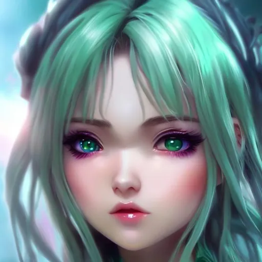 Prompt: pretty anime girl realistic small nose long white hair hd green eyes art vietneam super real super creative dreamy look