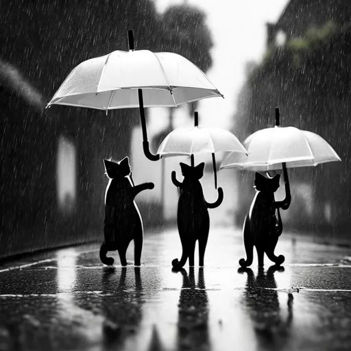 Prompt: black and white cats in the rain with  umbrellas