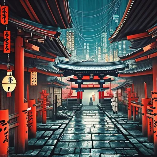 Prompt: A breath taking view of a Shinto shrine in the middle of cyberpunk city (hyperrealistic)
(Oil painting) 