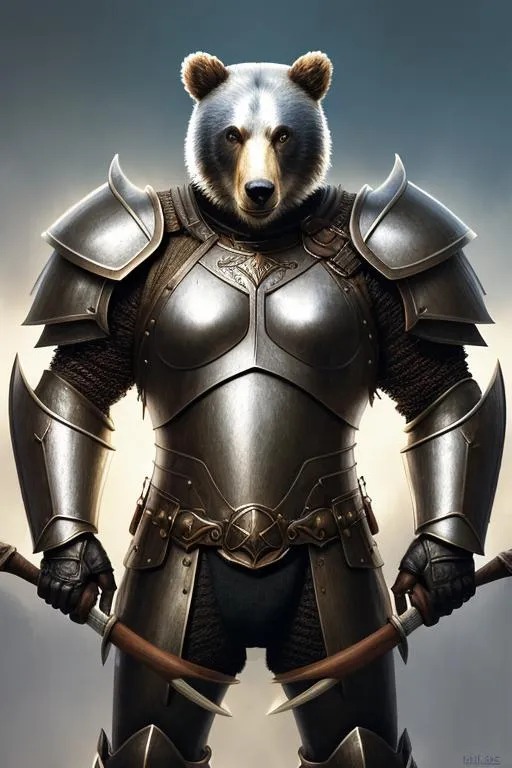 Prompt: award winning portrait painting of a male anthropomorphic bear wearing metal fantasy armor and holding a battle axe, (backlighting:1.4), digital painting, concept art, smooth, sharp focus, rule of thirds, dark fantasy, intricate details, medium shot, (shallow depth of field:1.1), sci fi, jim burns
