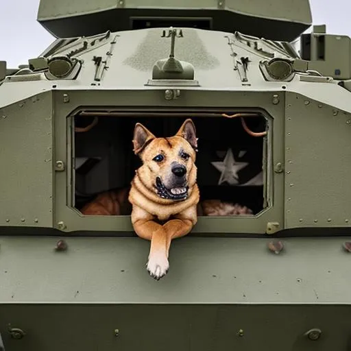 Prompt: dog in military tank

