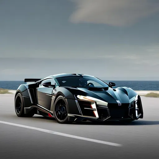 Prompt: Realistic image of lykan hypersport on black water sea side