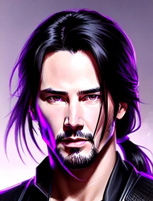 Prompt: Full portrait Keanu Reeves, 26 years old male, ponytail, sleeveless, black hair, brown eyes, battlefield, ethereal, purple cyberpunk samurai outfit, jewelry set,handsome, royal vibe, highly detailed, digital painting, Trending on artstation , HD quality, tan skin,artgerm,  by Ilya Kuvshinov 