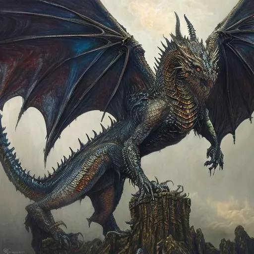 Prompt: Oil painting in the style of Luis Royo,
A classic dragon reminiscent of DnD, Dragon Age, or Game of Thrones,
Impressive wingspan, stretching out majestically,
Scales glistening with an array of vibrant colors,
Eyes that pierce the soul, glowing with ancient wisdom,
A fierce expression etched on its powerful face,
Fearsome wide maw filled with razor-sharp teeth,
Curled horns adorning its regal head,
Long, sinuous neck adorned with intricate patterns,
Leathery texture of its skin, capturing the light,
Dragon's breath billowing forth, wreathed in flames,
Location amidst a desolate, rugged mountain range,
Towerin peaks, cloaked in a mystical mist,
Lush green valleys nestled between the craggy cliffs,
A cascading waterfall, shimmering with iridescent hues,
Golden sunlight breaking through gaps in the dark clouds,
An ancient castle perched atop a distant cliff,
Ruins of forgotten civilizations scattered across the landscape,
A sense of mystery and grandeur pervading the scene,
The dragon, a symbol of power and mythical allure,
Capturing the awe-inspiring presence of these legendary creatures.