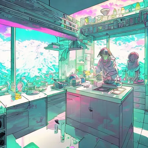 Prompt: sitting alone in a cool florescent kitchen pondering questions to a stone during an acid trip, manga style