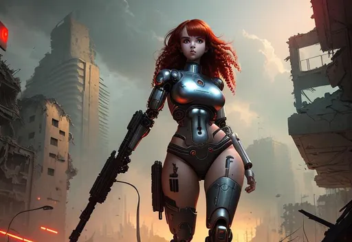 Prompt: young female cyborg in ruins, post-apocalyptic, Ilya Kuvshinov, red hair, long curly hair, red eyes, curvy body,  hourglass body,  detailed body, round face, (nude), cybernetic body, soft expression