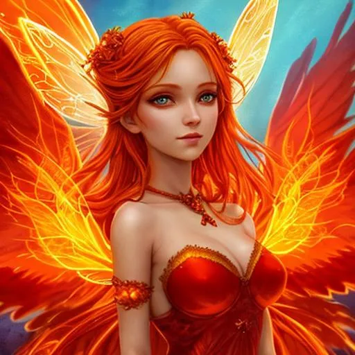 Prompt: fairy goddess, warm colors, fiery background, closeup