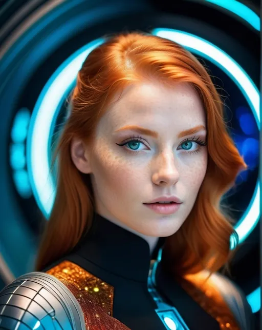 Prompt: RAW Photograph, closeup of a beautiful ginger woman who lives in a vast galactic empire in a distant future, stunning eyes that pierce your soul, wearing elegant clothing with luminescent detailing, colorful, highly detailed skin with visible pores, she holds secret knowledge about the fundamental nature of reality, specular highlights, future technology, cosmic motif, minimalist composition, insane intricate detail, award winning art, raytracing, sharp focus, 8k, hdr, masterpiece, photography, dslr, kodachrome, 35mm photograph, analog film, professional, highly detailed