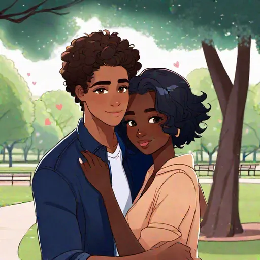 Prompt: Caleb  1male (brown hair, brown eyes) hugging Tome 1female (dark skin, short dark blue hair) on a date in the park, adults