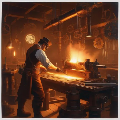 Prompt: Steampunk weaponsmith working in a dimly lit workshop, surrounded by gears, smoke, and mechanical contraptions. Blueprints of intricate weapons are scattered on the workbench, while a roaring forge heats up metal for a warhammer. The weaponsmith's goggles reflect the fiery glow, and sparks fly as they skillfully shape and assemble the weapon. The atmosphere is filled with creativity, craftsmanship, and the synergy of art and technology.