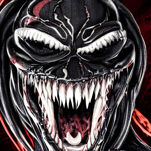 Venom symbiote smiling with large teeth having blood... | OpenArt