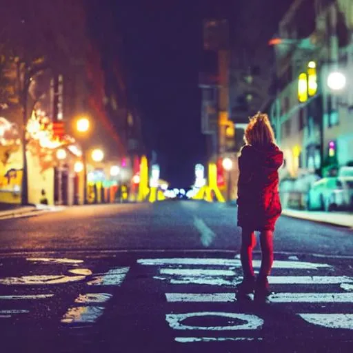 Sad Little girl standing on a road at night | OpenArt