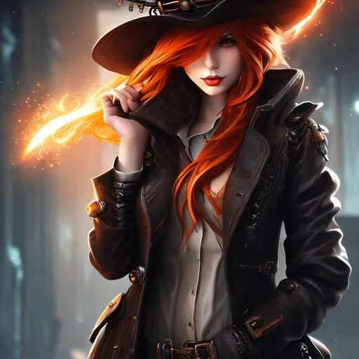 Prompt: Splash art, genasi, trench coat, ginger, flame hair, (hat) , female, steampunk, victorian, sci-fi, very detailed character