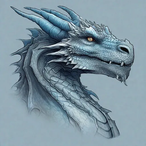 Prompt: Concept design of a dragon. Dragon head portrait. Coloring in the dragon is predominantly pale blue with subtle black streaks and details present.