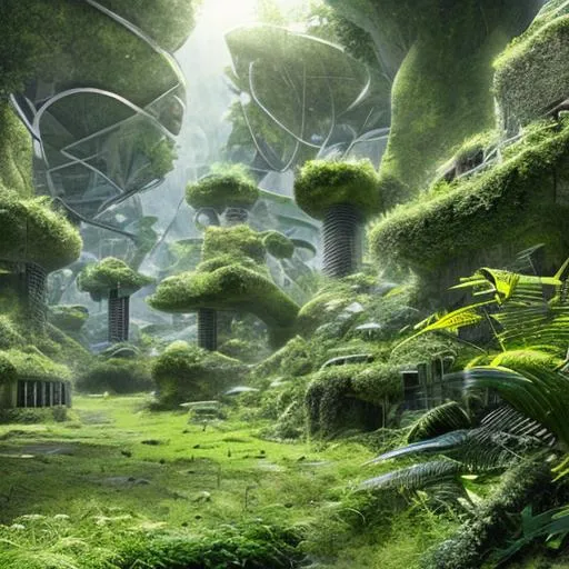 Prompt: Abandoned Futuristic City overgrown lush green plants high resolution







