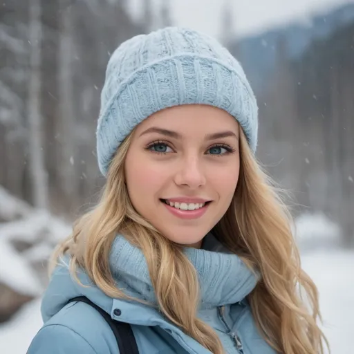 Prompt: professional portrait photograph of a gorgeous Norwegian girl in winter clothing with long wavy blonde hair, wearing a blue ice cap, great smile bright teeth,  sultry flirty look, (freckles), gorgeous symmetrical face, cute natural makeup, wearing elegant warm winter fashion clothing, ((standing outside in Alaska mountain  Freeze)), stunning modern urban environment, ultra realistic, concept art, elegant, highly detailed, intricate, sharp focus, depth of field, f/1. 8, 85mm, medium shot, mid shot, (((professionally color graded))), bright soft diffused light, (volumetric fog), trending on instagram, hdr 4k, 8k
