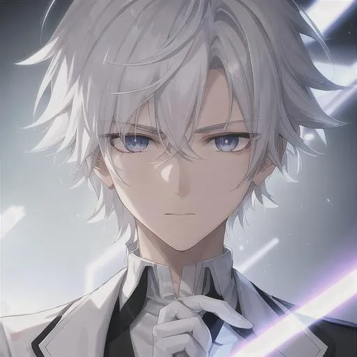 Prompt: Short scruffy white hair emotionless expression male white clothing lab coat puppet strings 19 years old superpower effects his fingertips controlling a school ultra high quality white aura 4k 16k movie cinematic graphic face close-up