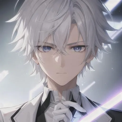 1boy, white spiky hair, blindfold, blue bloomy eyes