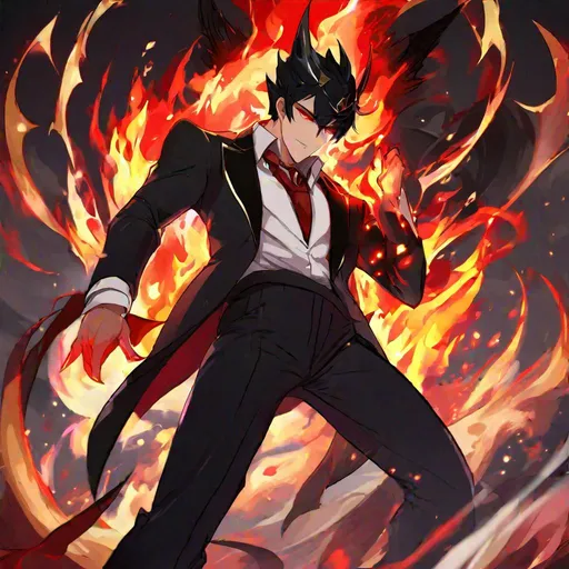 Prompt: Damien  (male, short black hair, red eyes) demon form, wearing a tuxedo, fighting, wearing a crown, angry, fire around him
