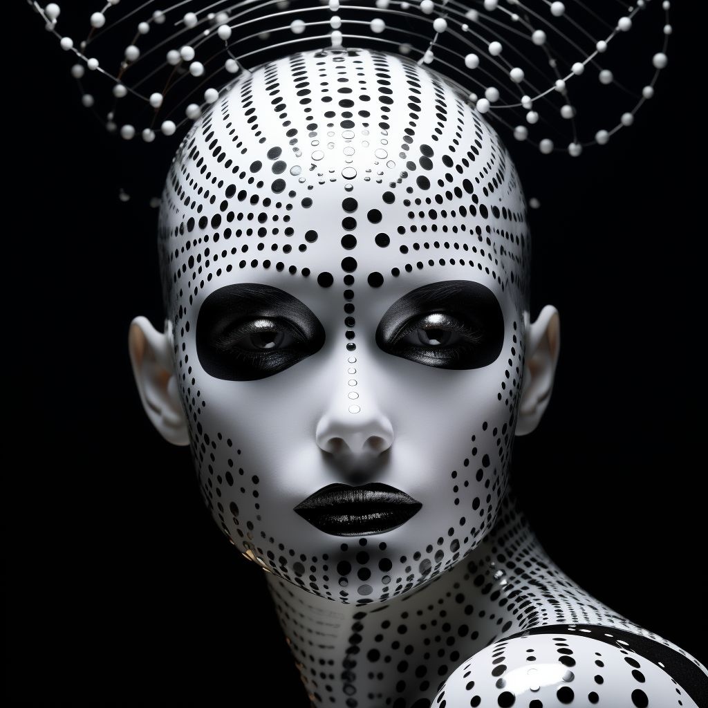 Prompt: a woman with a black and dots on her face, in the style of cybernetic sci-fi, detailed monochrome, elegant, emotive faces, dark white and silver, algorithmic artistry, 3d, shiny eyes
