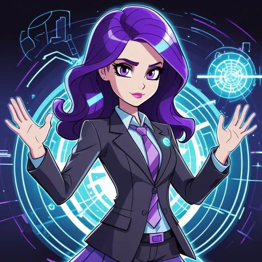 Prompt: cyberpunk equestria girls rarity wearing a business suit and casting holographic force fields