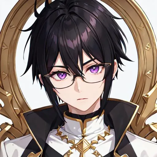 Prompt: Male (short spiky black hair with long white fringes) (Purple eyes) (gold framed eyeglasses with a gold color), UHD, 8K, highly detailed, insane detail