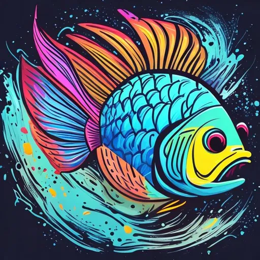 Prompt: painting of a fish on a black background, a digital painting, by Jason Benjamin, shutterstock, colorful vector illustration, mixed media style illustration, epic full color illustration, mascot illustration