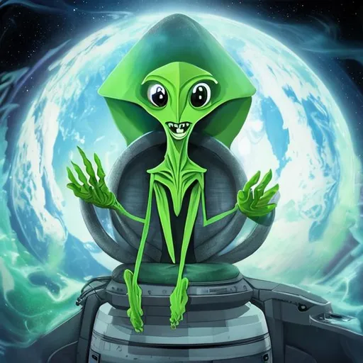 Prompt: gonar (a green alien like creature with a long nose and 3 fingers who is 2 feet tall) sitting in a modern space craft navigating through space .
