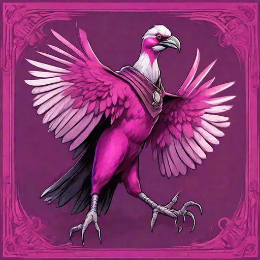 Prompt: aarakocra, Wearing Antecedent's Attire, pink purple fuchsia and black masterpiece, best quality, in board game art style