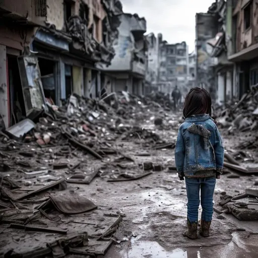 Prompt: cinematic A muddy trench with Scattered Furniture with destroyed buildings background of earthquake and a little girl the camera over shoulder looking at the destroyed scene wearing jeans and a scarf on her shoulder 