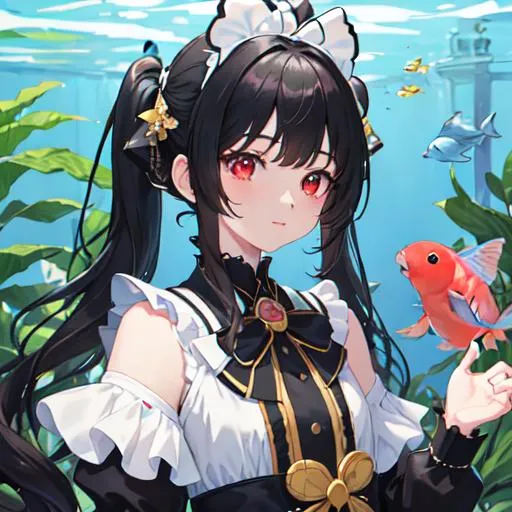 Prompt: (aquarium:1.3) , masterpiece:1.3), (1girl:1:5), charming, long hair, black hair, high pigtails, red eyes, flat, dress, UHD, Highly Detailed face, cute, happy, illustration, absurdres, highres, extremely detailed, eye highlights, upper body, fluttering ribbon, Depth of field, (Blue fog:1.3)