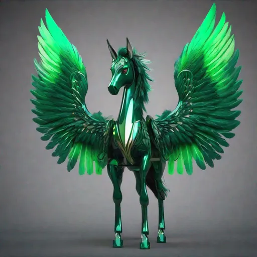 Prompt:  small twisted pegasus animatronic hybrid, with focused emerald eyes. They identify as a Male. Emerald colored feathery wings and tail. dark Green ombre mane and tail. UHD, HD, 4K, green haze, anime style