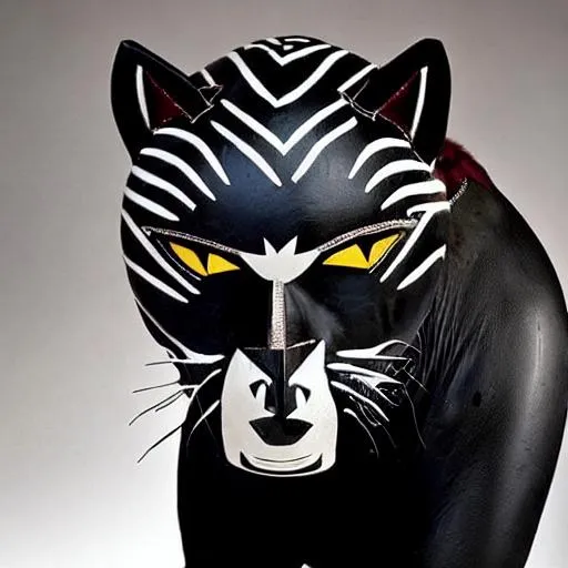 Prompt: Black and white panther in african mask red eyes, african symbols on fur

